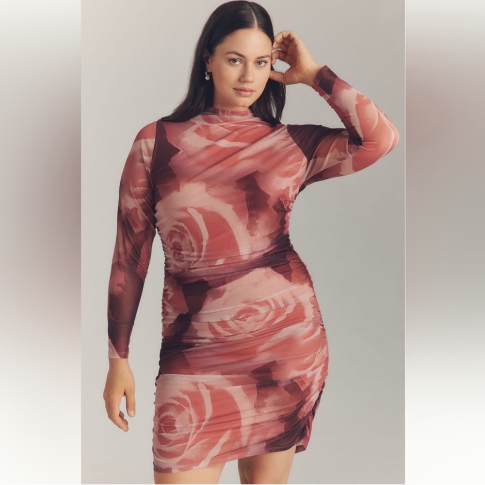 Anthropologie Maya Long-Sleeve Ruched Cowl-Neck Mini Dress in Pink